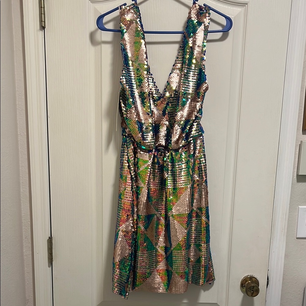 Green and Pink Plunge Neck Sleeveless Mini Sundress